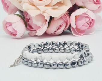 Crystal Bracelet Set, Hematite & Howlite, Beaded Bracelet for Women, Gift for Her, Girlfriend-Boho Bracelet Set