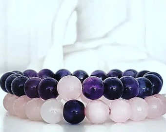 Rose Quartz & Amethyst Gemstone Bracelet: Women's Beaded Duo,Couple Wristband,Daily Outfit,Pink Jewelry,