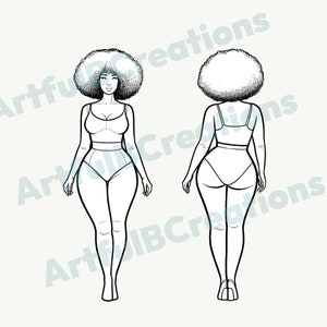 May include: Line drawing of a person with an afro hairstyle wearing a swimsuit. The drawing shows the front and back views of the person.