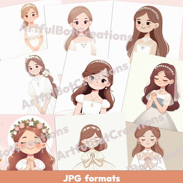 Ensemble d’images de première communion - Fille - 9 JPG Clipart pour la décoration et les invitations-fichiers individuels-Faveurs de fête. Estampes catholiques - Prier