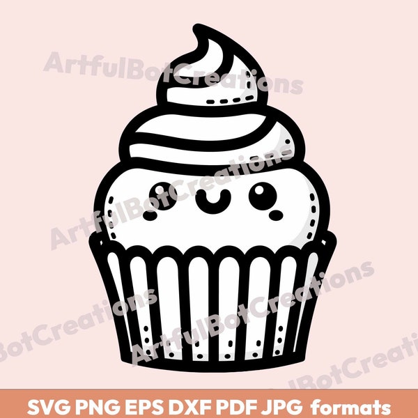 Adorable Kawaii Cupcake Digital Image - Instant Download | Cute Design png svg jpg eps dxf & pdf formats - can be resized for coloring page