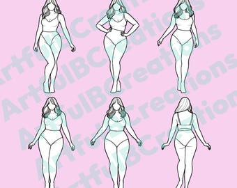 6 poses de diseñadora de moda de talla grande - Ilustración Croquis - figura de mujer con forma curvilínea diseño svg PNG maqueta Plantillas de positividad corporal real