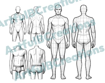 Op de afbeelding: Een lijntekening van een mannelijke figuur in zes verschillende poses. De figuur wordt van voren, achteren en van de zijkant getoond. De tekening is gedetailleerd en bevat spierdefinitie en anatomische kenmerken.