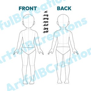 May include: A black and white line drawing of a child's body, showing the front and back views. The drawing is divided into sections with dotted lines to help with clothing design.
