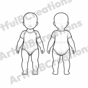 Baby i body illustration Croquis - mall för barnkläder - babykläder - barnkläder 0-2 år - framifrån och bakifrån - simulerad design svg png pdf
