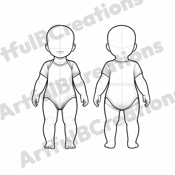 Baby in onesie Illustration Croquis- childrenswear template-babywear-Child Clothing 0-2 years-Front back view-mock design svg png pdf