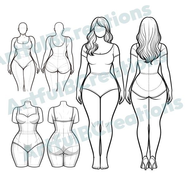 Plus size Fashion designer Illustration Croquis - Womenswear template -women's curvy body figure -Front & back view - mock up design svg png