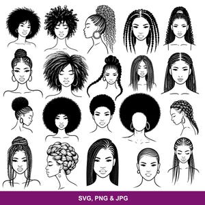 Peut inclure: Illustrations en noir et blanc de femmes avec différentes coiffures, notamment des afros, des tresses et des chignons. Le texte "SVG, PNG & JPG" est visible en bas, indiquant les formats de fichiers.