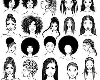 Black Afro Hairstyle Clipart Bundle, Women & Men Silhouettes (60+ SVG PNG JPG)