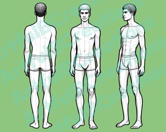 Op de afbeelding: Een lijntekening van een mannelijke figuur in drie poses: van voren, van opzij en van achteren. De figuur draagt ​​eenvoudige ondergoed.