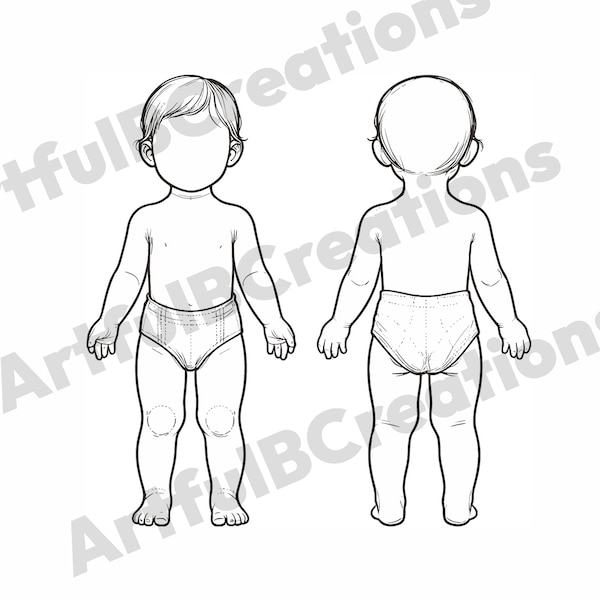 Diseñador de moda bebé Ilustración Croquis- plantilla de ropa infantil-ropa de bebé-Ropa infantil 0-2 años-Vista frontal trasera-diseño simulado svg png pdf