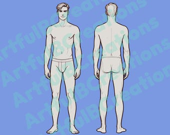 Op de afbeelding: Een eenvoudige lijntekening van een mannelijke figuur in staande pose, getoond van voren en van achteren. De figuur draagt ondergoed.