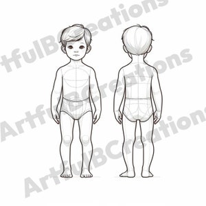 Puede incluir: Un dibujo de línea del cuerpo de un niño, vistas frontal y posterior, con marcas para las proporciones del cuerpo. El niño lleva ropa interior.