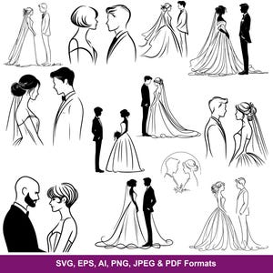 Può includere: Illustrazioni in bianco e nero di coppie, raffiguranti varie pose di matrimonio. Le immagini includono una sposa in abito da sposa e uno sposo in abito, con il testo "SVG, EPS, AI, PNG, JPEG & PDF Formats" in basso.