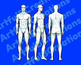 Op de afbeelding: Drie witte lijntekeningen van een mannelijke figuur in verschillende poses. De figuur staat met zijn armen langs zijn zijde, één figuur is naar voren gericht, één naar links en één naar rechts.