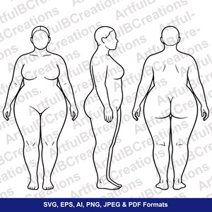 Ilustración de diseñador de moda de tallas grandes y cuerpos reales Plantilla de figura curvilínea femenina Croquis (descarga digital) maqueta frontal y posterior svg png