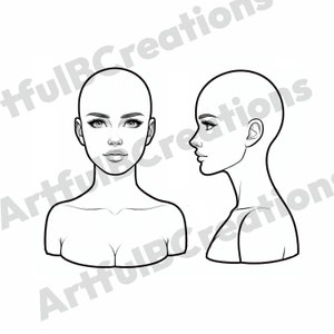 May include: Line drawing of a female face and neck, shown from the front and side views. The drawing is in black and white.