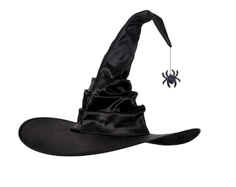 Satin Halloween Witch Hat, Wizard Costume Accessory with Hanging Spider