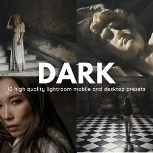 May include: A collage of four images showcasing a collection of 10 high quality Lightroom mobile and desktop presets. The images feature a woman in a white dress standing on a staircase, a woman in a white shirt standing in a room with a checkered floor, a woman with dark hair looking at the camera, and a close-up of a white marble statue.