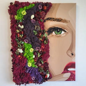 苔の絵画 | 女性の肖像画 カラフルな苔の壁アート | 環境に優しい手作りの苔の装飾 | 自宅やオフィスにユニークな苔アートのギフト