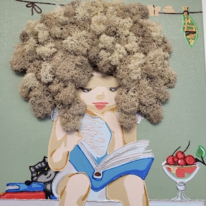 Angelic moss painting “With a Beloved Book”. Child reading book portrait. Eco friendly colorful moss art. Wall hanging preserved moss gift.