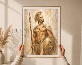 Puede incluir: Impresión enmarcada de un guerrero musculoso con armadura dorada, sosteniendo una lanza y un escudo. La obra de arte presenta un tema clásico con una paleta de colores dorados y el texto "DUENDE HAUS".