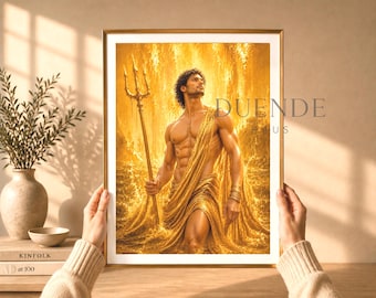 Puede incluir: Una lámina artística enmarcada con una ilustración en tonos dorados de una figura musculosa que sostiene un tridente, de pie entre aguas turbulentas. La obra incluye el texto DUENDE HAUS en la esquina superior derecha sobre un fondo brillante.