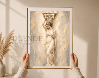Puede incluir: Una impresión enmarcada que presenta una escultura clásica de una mujer sosteniendo una columna. La obra de arte tiene un marco dorado y un fondo texturizado de tonos neutros. El texto "DUENDE HAUS" es visible en la esquina inferior izquierda.