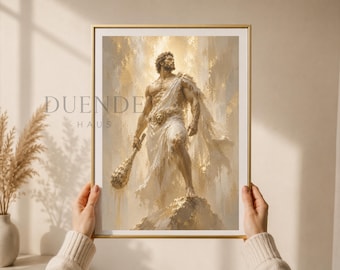 Puede incluir: Una impresión enmarcada que presenta una representación clásica de una figura musculosa con túnicas blancas, sosteniendo un garrote. La obra de arte tiene una paleta de colores dorados y está sobre un fondo texturizado. El texto "DUENDE HAUS" es visible.