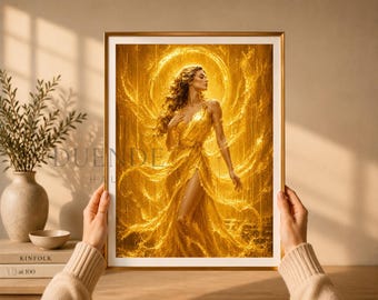 Puede incluir: Una impresión artística enmarcada que presenta una ilustración dorada de una mujer con un vestido fluido. La obra de arte tiene una cualidad radiante y etérea, con luz que emana de detrás de la figura. El marco es dorado y la impresión la sostiene una persona.