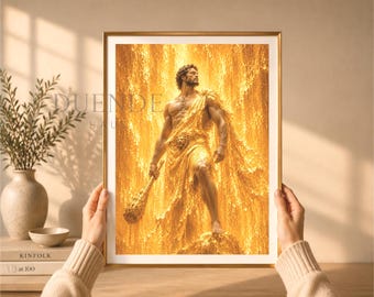 Puede incluir: Una impresión artística vertical enmarcada que muestra una figura musculosa de pie sobre un fondo dorado y texturizado. La figura viste una prenda drapeada y sostiene un objeto similar a una maza. El texto DUENDE HAUT es visible arriba a la izquierda.