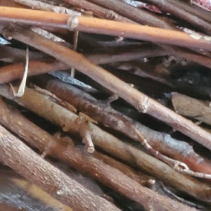 May include: A close-up of a pile of small, dried twigs and branches. The twigs vary in color from light brown to dark brown, with some having a reddish hue. The composition is dense, with the twigs overlapping and creating a textured surface.