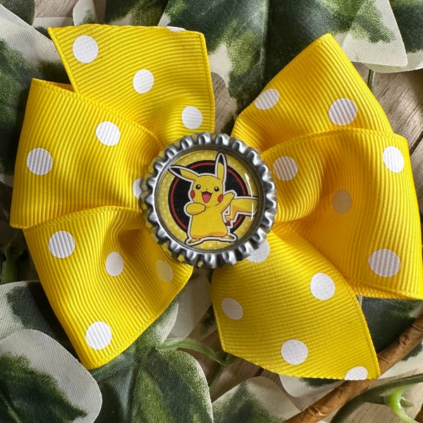 Sparkle and Shine with our Cheerful Pikachu Hair Bow - Vibrant Yellow Swiss Dots Ribbon, Alligator Clip!