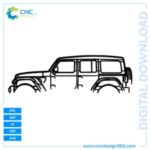 Puede incluir: Dibujo lineal negro de un SUV Jeep. La imagen es un perfil lateral del vehículo, que muestra las ruedas, las puertas, las ventanas y la rueda de repuesto. La imagen incluye el texto "CNC Design 360" y "Descarga digital".