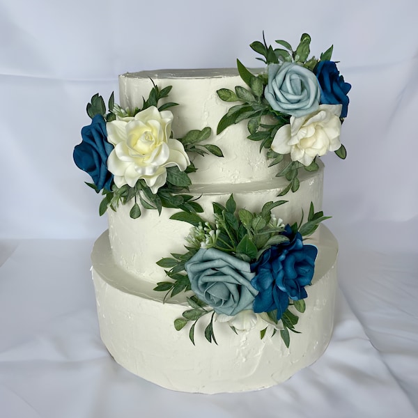 Dusty Blue and Ivory Flower Wedding Cake Toppers, Wedding Flowers, Floral Cake Decoration, Wedding Cake Flowers