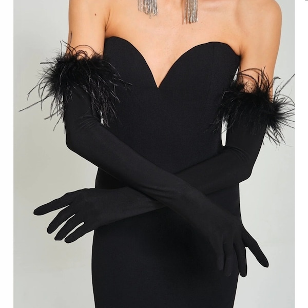 Black Feather Long Gloves