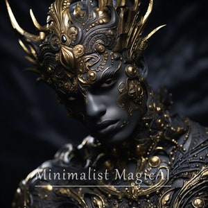 May include: A person wearing a gold and black ornate mask and matching armor. The mask has intricate details and a sharp, angular design. The armor is made of metal and has a similar design to the mask.