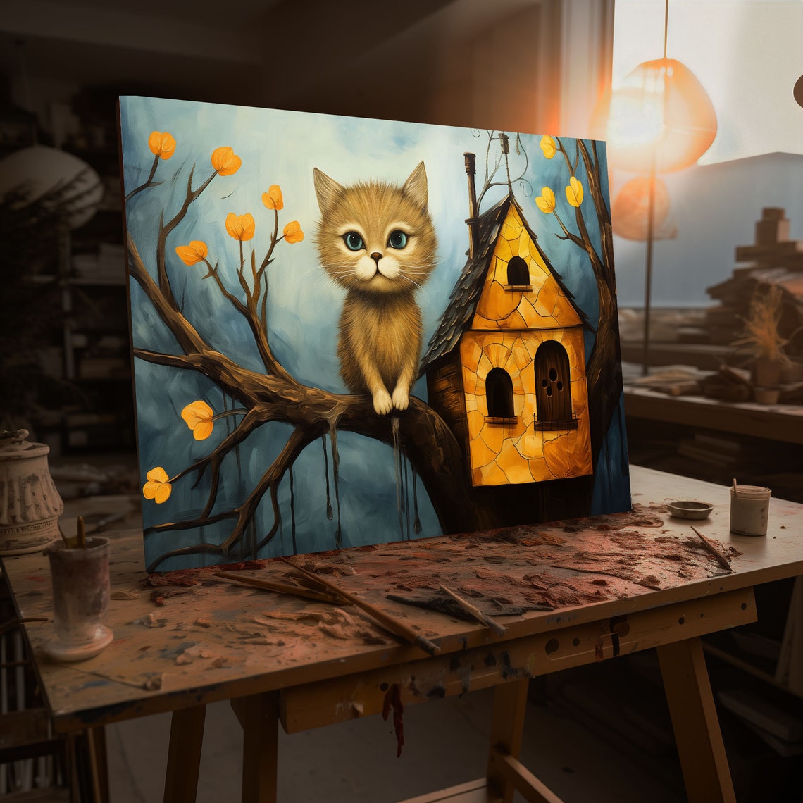 Fantasy Cat by the Tree House | Cute Animals I Tempera | AI Wall Art ...