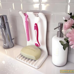 Self-Draining Soap Dish + Shower Razor Holder | Dual Razor Slots • Tidy Bathroom Organizer