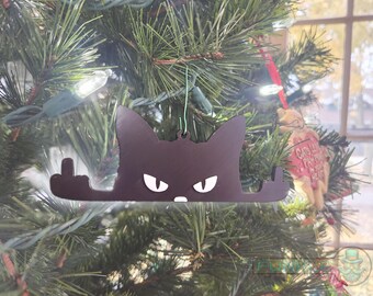 Naughty Black Cat Flipping the Bird Sign | Funny Sarcastic Desk or Christmas Ornament | Unique Gift for Cat Lovers