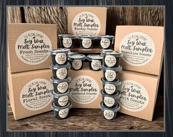 WAX MELT SAMPLERS | .75 oz Scented Soy Wax Melt Cups | Box of 5 or 10 Count | Fresh, Floral, Fruit, Gourmand, Masculine or Woodsy Scents!