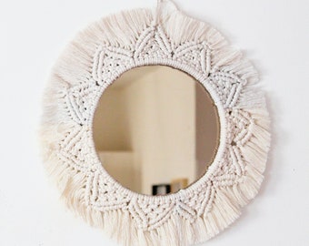 8" getinte spiegel witte Boho Macrame Fringe ronde spiegel | Mandala geweven | Sunburst spiegel | Woonkamer kinderkamer speelkamer slaapkamer muur decor