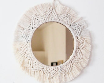 8" Tinted Mirror White Boho Macrame Fringe Round Mirror | Mandala Woven | Sunburst Mirror | Living Room Nursery Playroom Bedroom Wall Decor