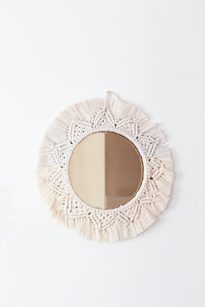 8" Tinted Mirror White Boho Macrame Fringe Round Mirror | Mandala Woven ...