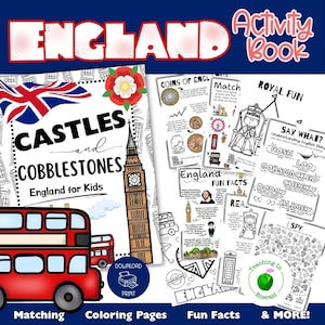 Peut inclure: Un livre d'activités sur l'Angleterre avec des pages à colorier, des faits amusants et plus encore. La couverture présente un drapeau britannique, une rose rouge, Big Ben et un bus à impériale rouge. Contient des pages sur les pièces de monnaie, des faits amusants et des activités royales.