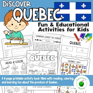 Può includere: Un libro di attività stampabile per bambini con il testo "Scopri il Quebec". La copertina presenta un bambino dei cartoni animati, la bandiera del Quebec e le parole "Attività divertenti ed educative per bambini". Contiene cruciverba, pagine da colorare e giochi "I Spy".
