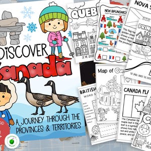 May include: An educational print titled "Discover Canada" with illustrations of Canadian landmarks, cartoon characters, and the Canadian flag. The print includes activity pages and coloring sheets about Canadian provinces and territories, promoting learning.