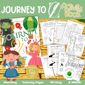 Puede incluir: Un libro de actividades colorido titulado "Journey to Oz" con ilustraciones de personajes y escenas de El Mago de Oz. Incluye páginas para colorear, juegos de emparejamiento y actividades de escritura. La portada presenta a Dorothy, la Bruja Malvada y la Bruja Buena.