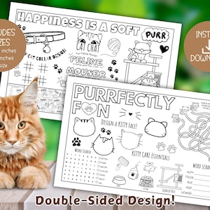 Katze, Kätzchen, Haustier thematischer druckbarer Aktivitätsbogen, Tischset für Kinder - Wortsuche, Labyrinth, Färbung & mehr, PDF-Downloads, doppelseitig