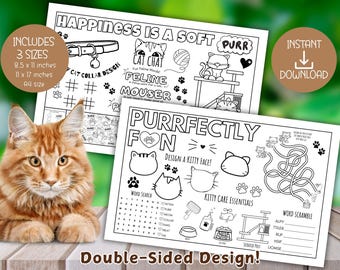 Cat, Kitten, Pet Themed Printable Activity Sheet, Placemat for Kids – Word Search, Maze, Coloring & More, PDF Downloads, Double Sided